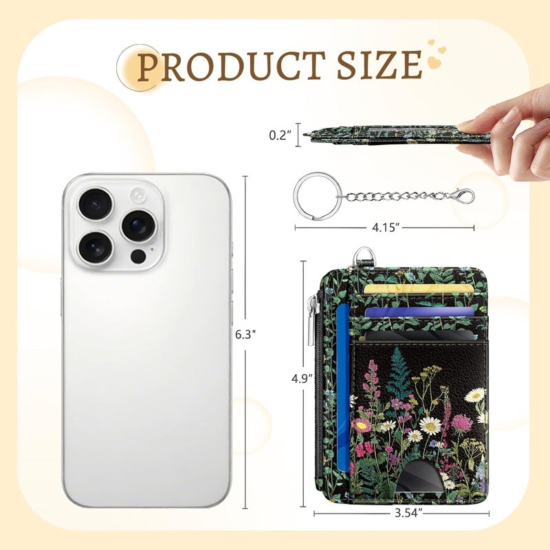 Kelvoris Wildflower Credit Card Holder Small Wallet Women, Flowers Slim RFID Blocking Wallet Woman Keychain with Zipper Coin Pocket, Front Pocket Thin Travel Card Case with ID Window for Ladies Gifts - Image 5